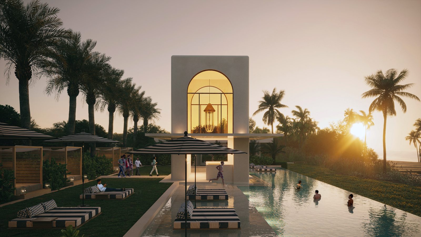 Sunset pool at Cora Beach Resort — an arched pavilion glowing at the end of the water, palm colonnade and striped loungers along its length