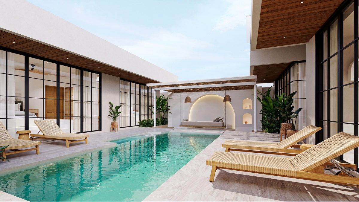 Private villa courtyard at Cora Beach Resort — central pool flanked by full-height black-framed glazing, timber loungers, arched niche wall at the far end