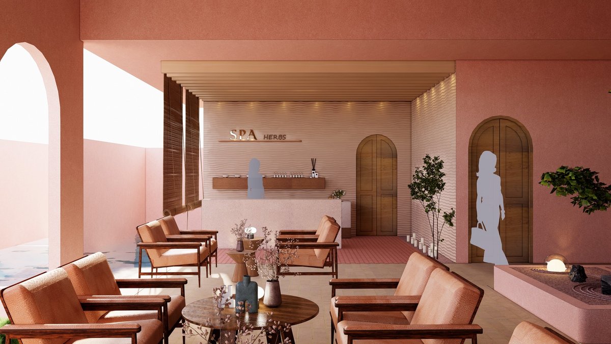 Spa lounge at Cora Beach Resort — terracotta walls, arched doorways and timber chairs