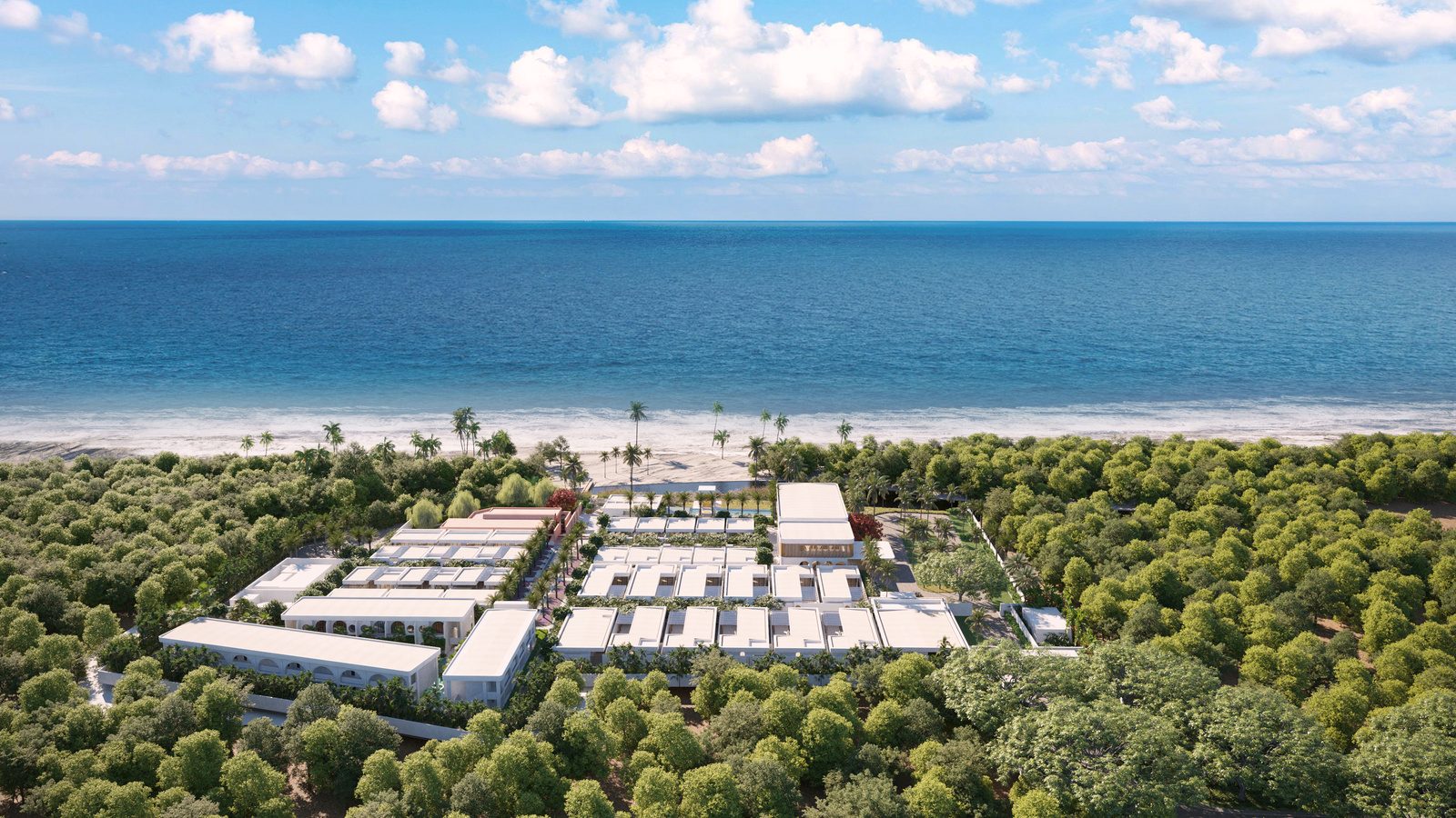 Aerial view of Cora Beach Resort, Sabah — rows of white villas set in coastal forest, with the beach and open sea beyond