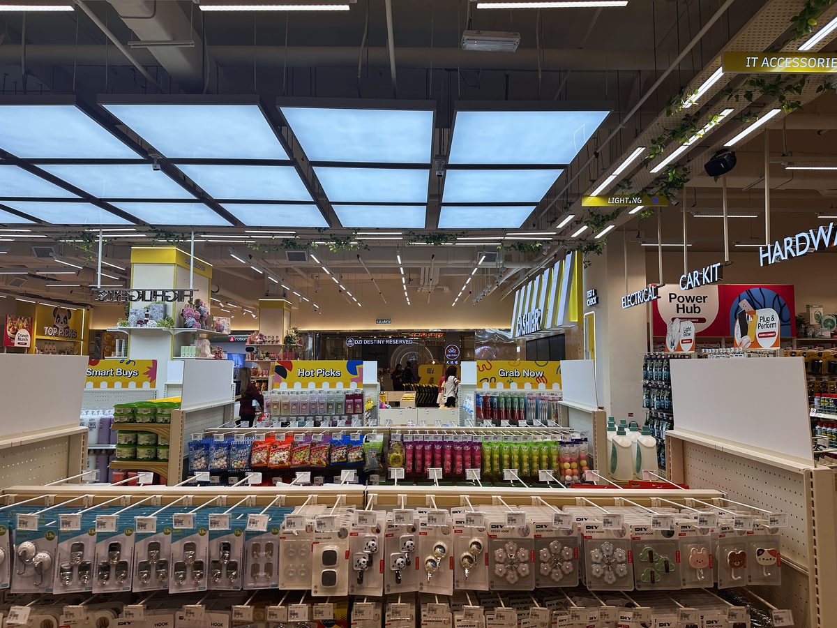 Back-lit artificial skylight above the sales floor at MR D.I.Y Queensbay